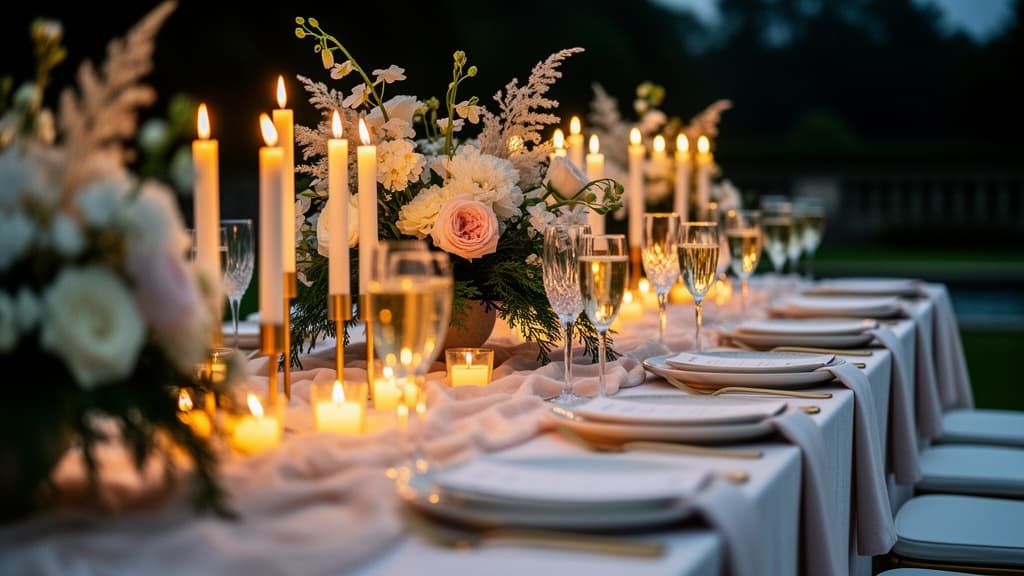 Candlelit celebration tablescape with layered linens, glassware, and flowers