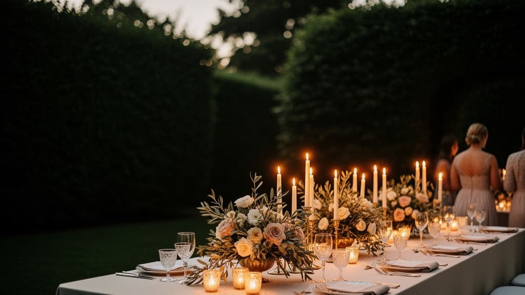 Candlelit outdoor celebration table with peach and ivory flowers