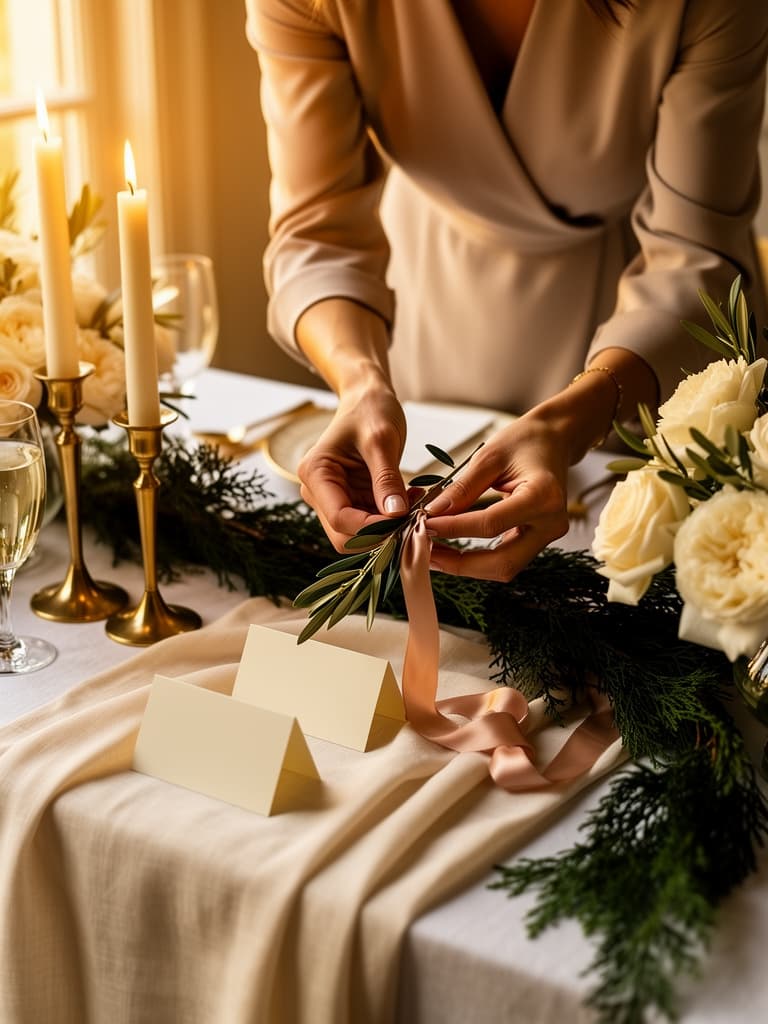 Event planner arranging greenery and blush ribbon beside place cards