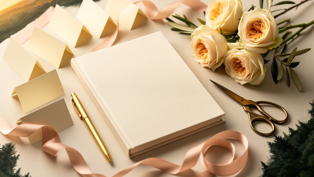 Place cards, ribbon, flowers, and a planning notebook arranged on a table